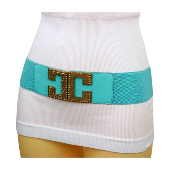 NEW Women Mint Green Shade Elastic Wide Belt Metal C Buckle Adjustable Size S M - Picture 9 of 17